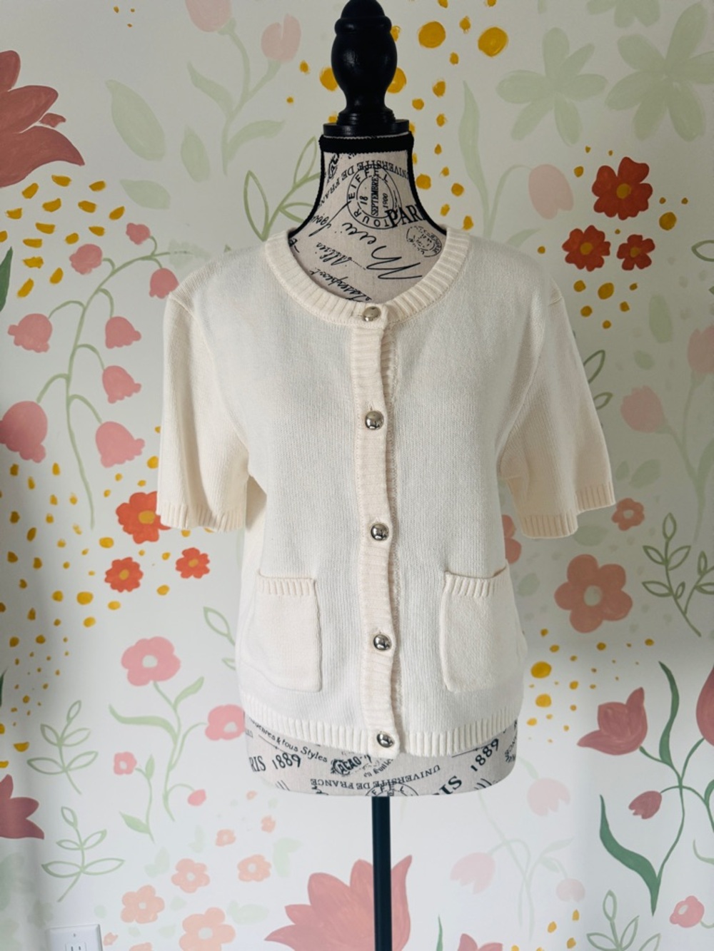H&M Cream Short-Sleeve Button Cardigan